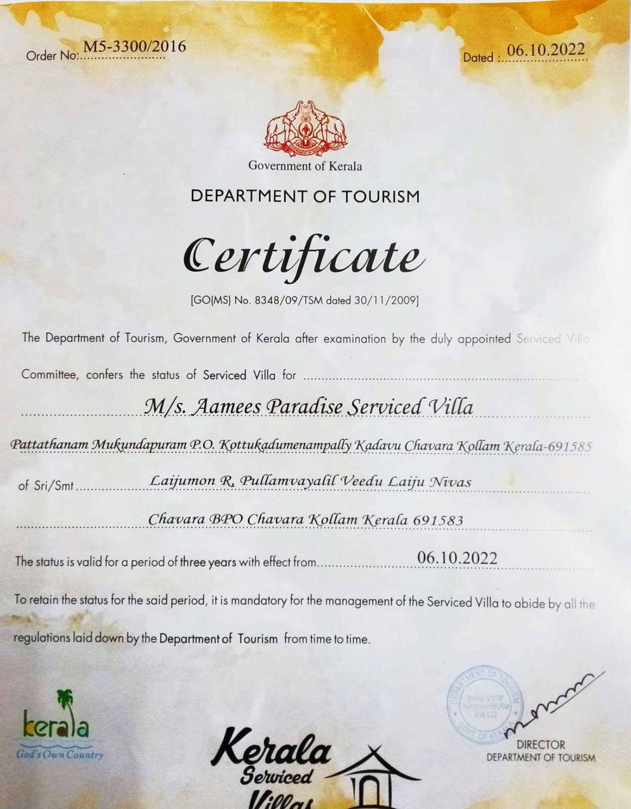 Kerala Department of Tourism serviced villa certificate for Aamees Paradise in Chavara, Kollam