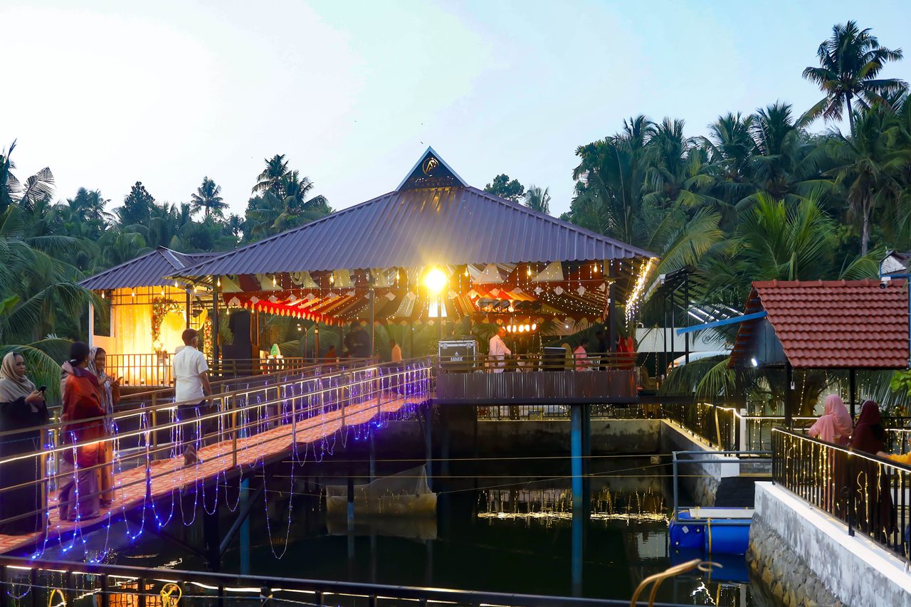 Decorated event auditorium beside the water at Aamees Paradise