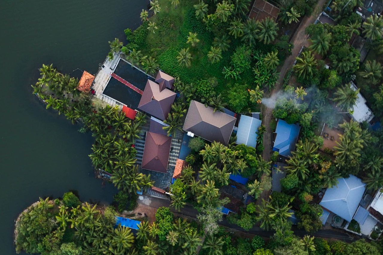 Aerial view of Aamees Paradise beside the backwaters